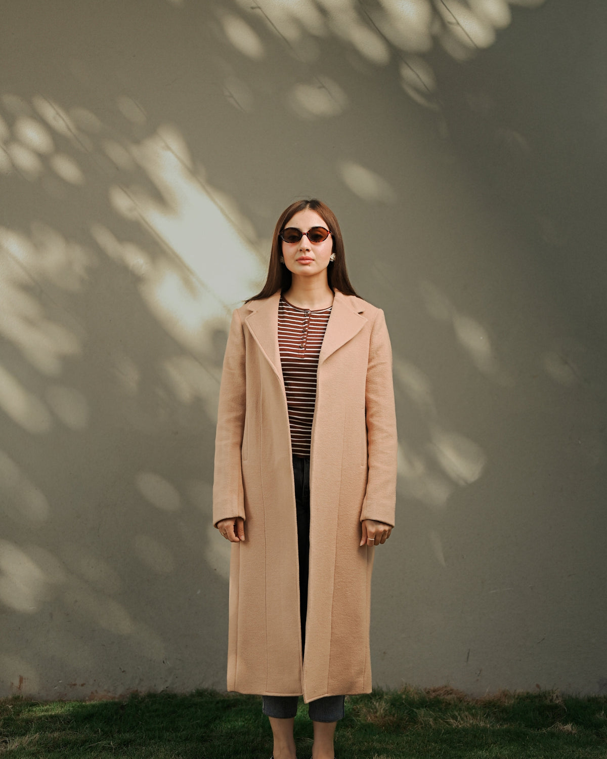 Cashmere Cloud beige long coat by Rohma Khann Designs — product view 1