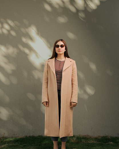 Cashmere Cloud beige long coat by Rohma Khann Designs — product view 1
