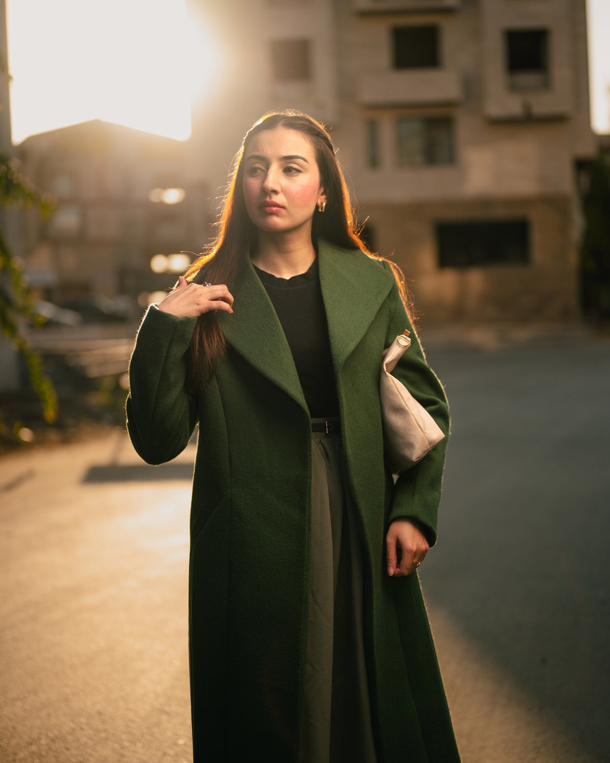 Ivy League forest green long coat by Rohma Khann Designs — product view 1