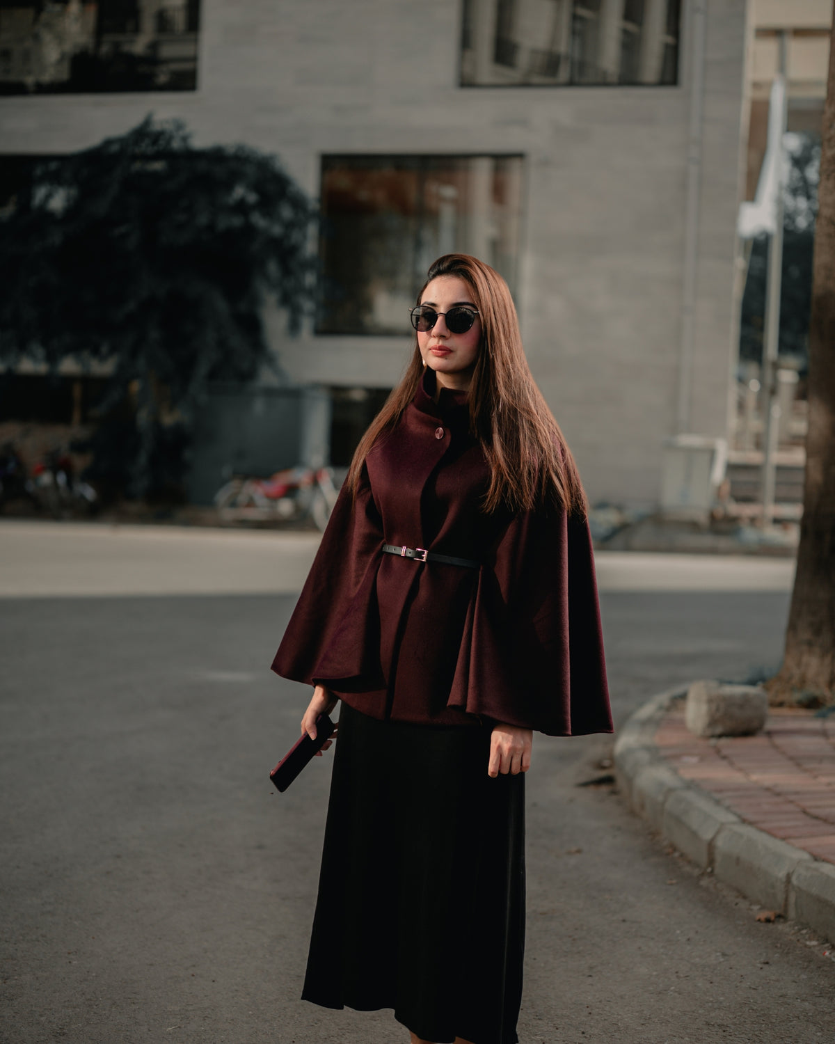 Royal Dusk burgundy cape coat by Rohma Khann Designs — product view 1
