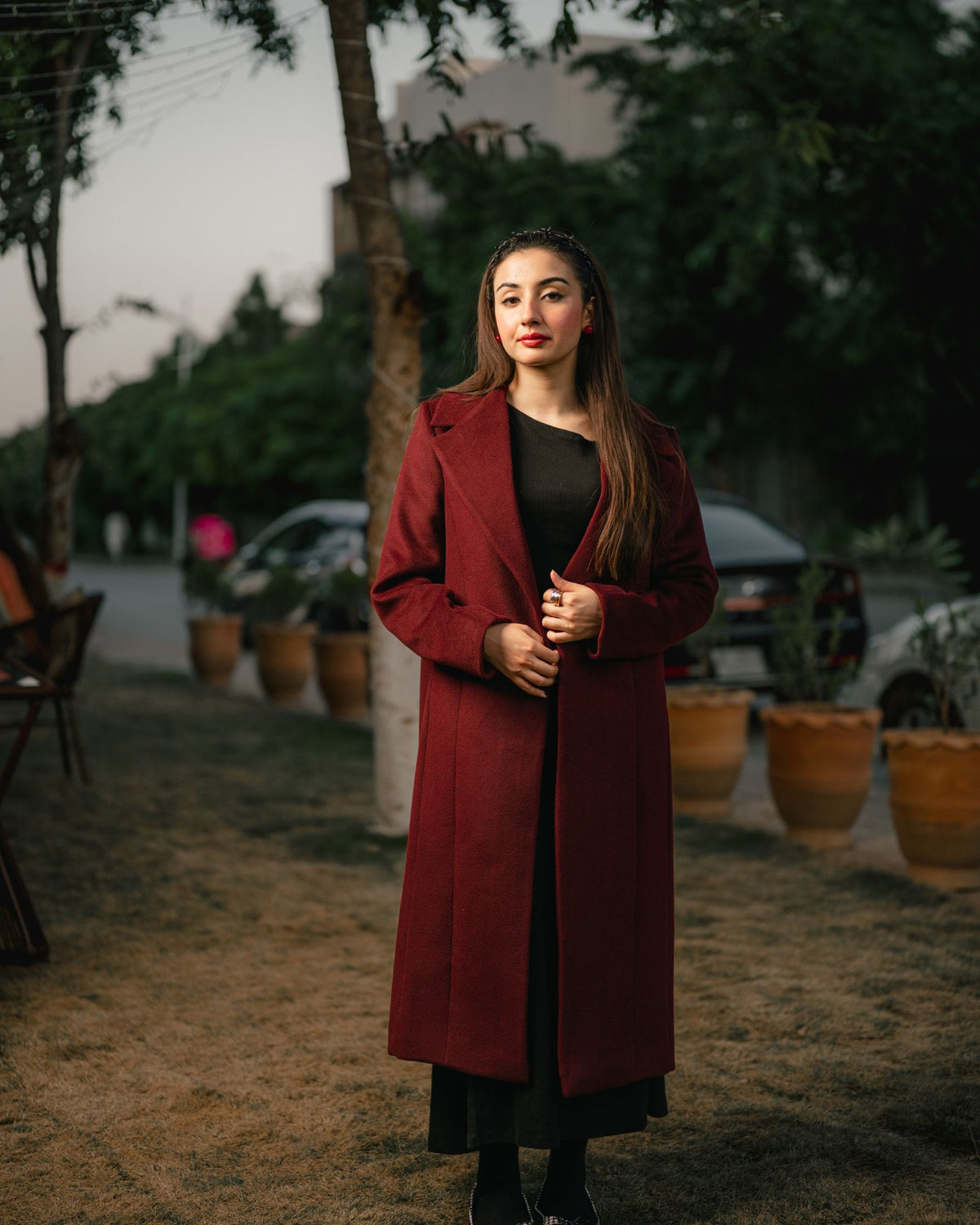 Merlot burgundy long coat by Rohma Khann Designs — product view 1