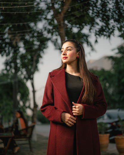 Merlot burgundy long coat by Rohma Khann Designs — product view 2
