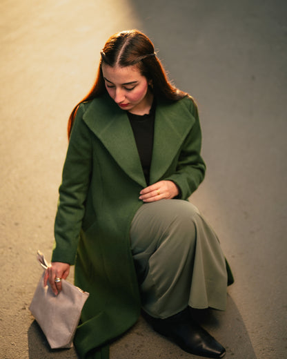 Ivy League forest green long coat by Rohma Khann Designs — product view 5