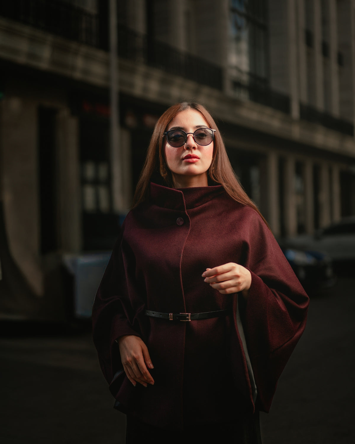 Royal Dusk burgundy cape coat by Rohma Khann Designs — product view 2