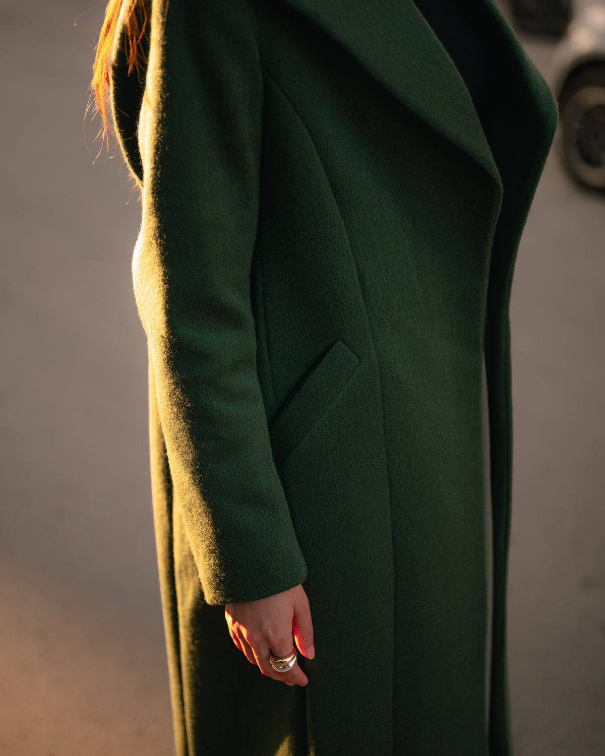 Ivy League forest green long coat by Rohma Khann Designs — product view 6