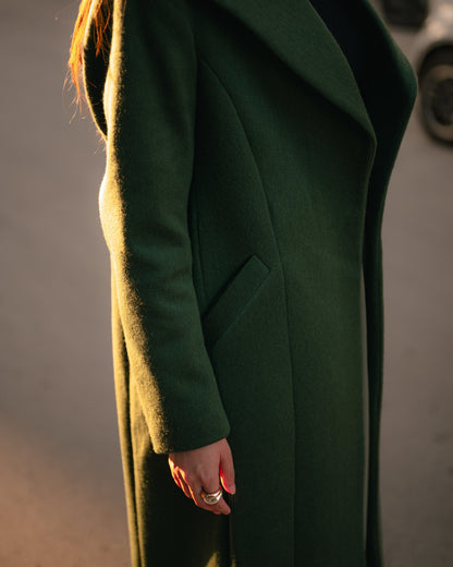 Ivy League forest green long coat by Rohma Khann Designs — product view 6