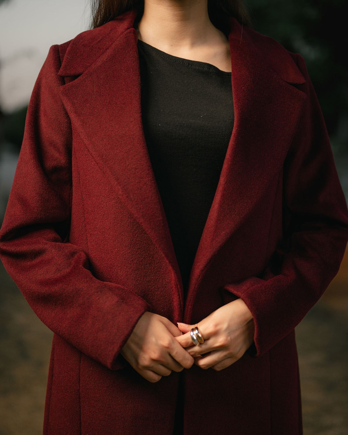 Merlot burgundy long coat by Rohma Khann Designs — product view 3