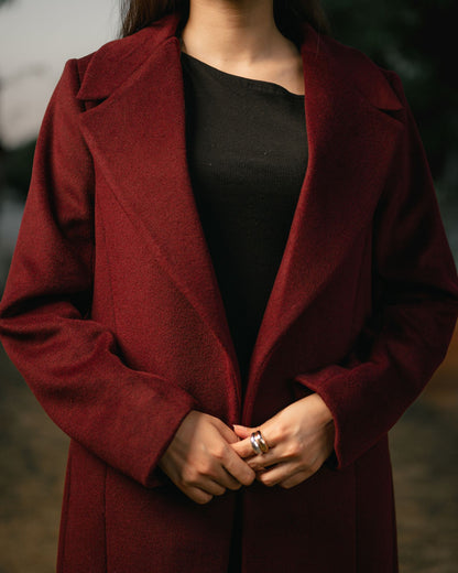 Merlot burgundy long coat by Rohma Khann Designs — product view 3