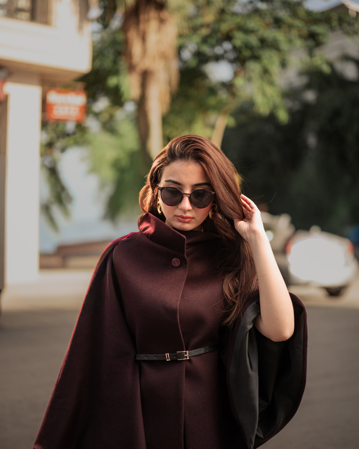 Royal Dusk burgundy cape coat by Rohma Khann Designs — product view 3