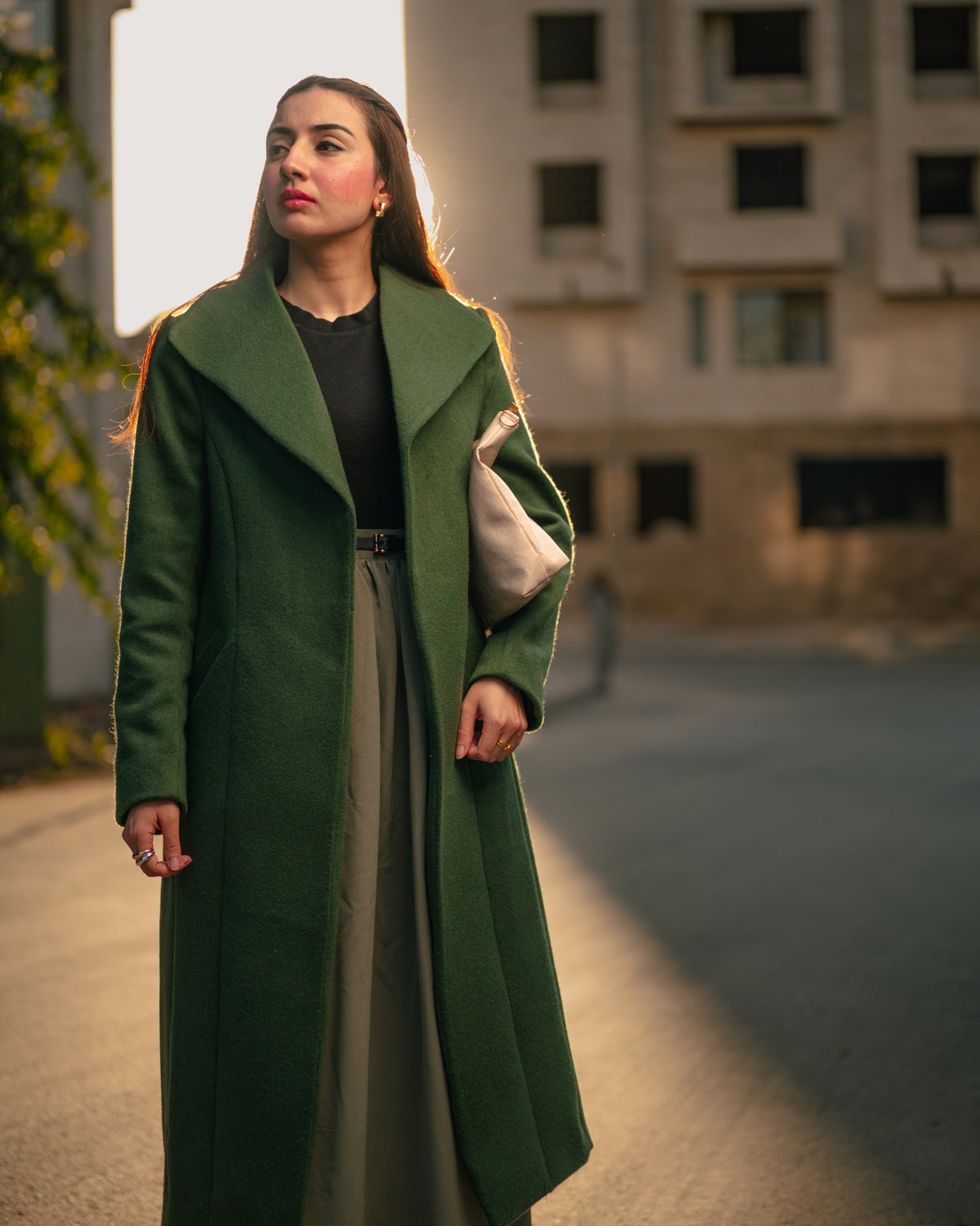 Ivy League forest green long coat by Rohma Khann Designs — product view 2