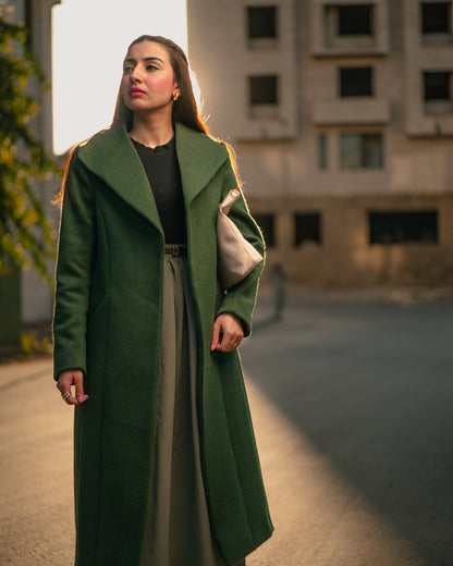 Ivy League forest green long coat by Rohma Khann Designs — product view 2