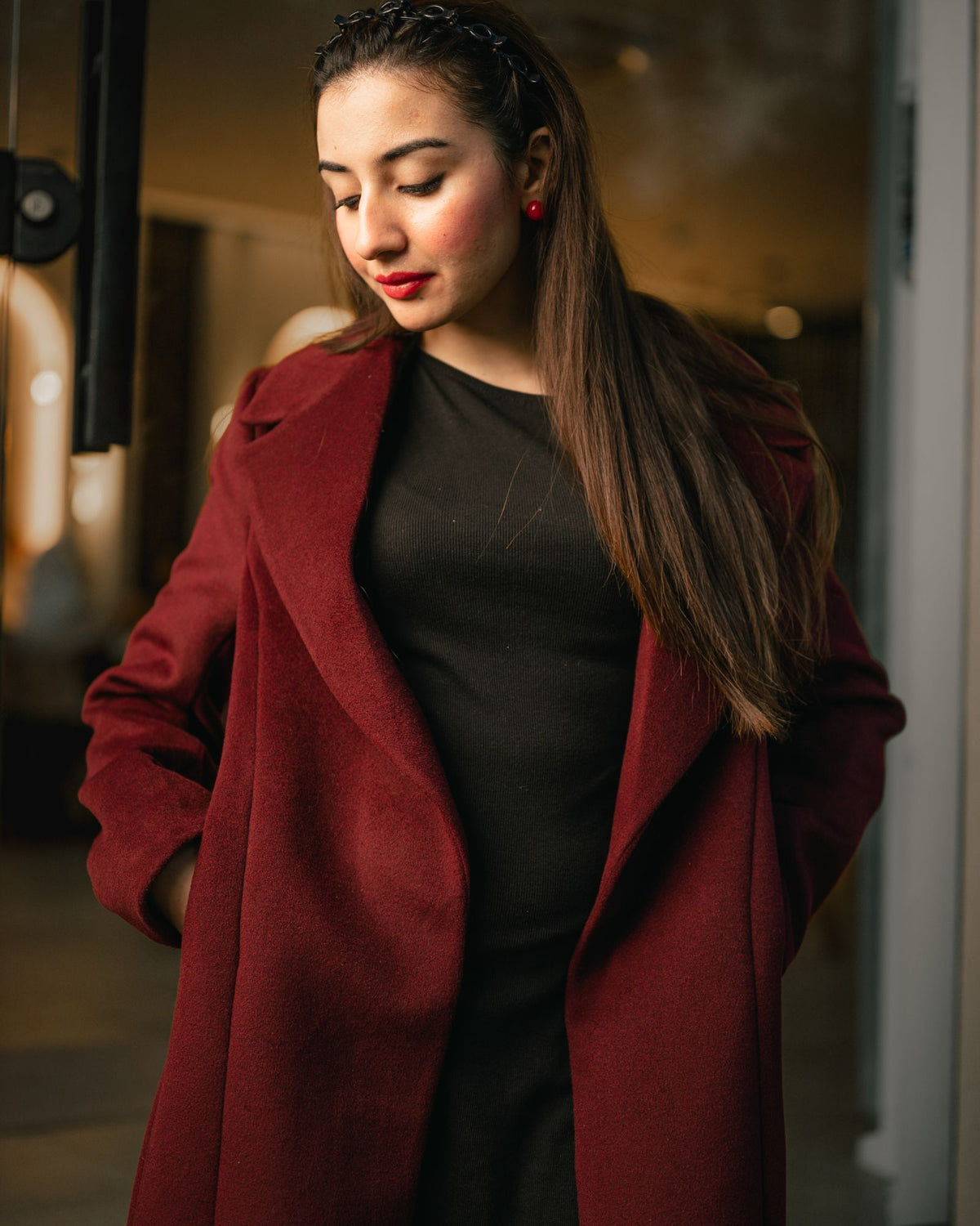 Merlot burgundy long coat by Rohma Khann Designs — product view 4