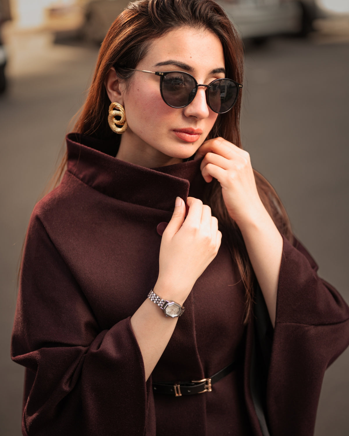 Royal Dusk burgundy cape coat by Rohma Khann Designs — product view 5