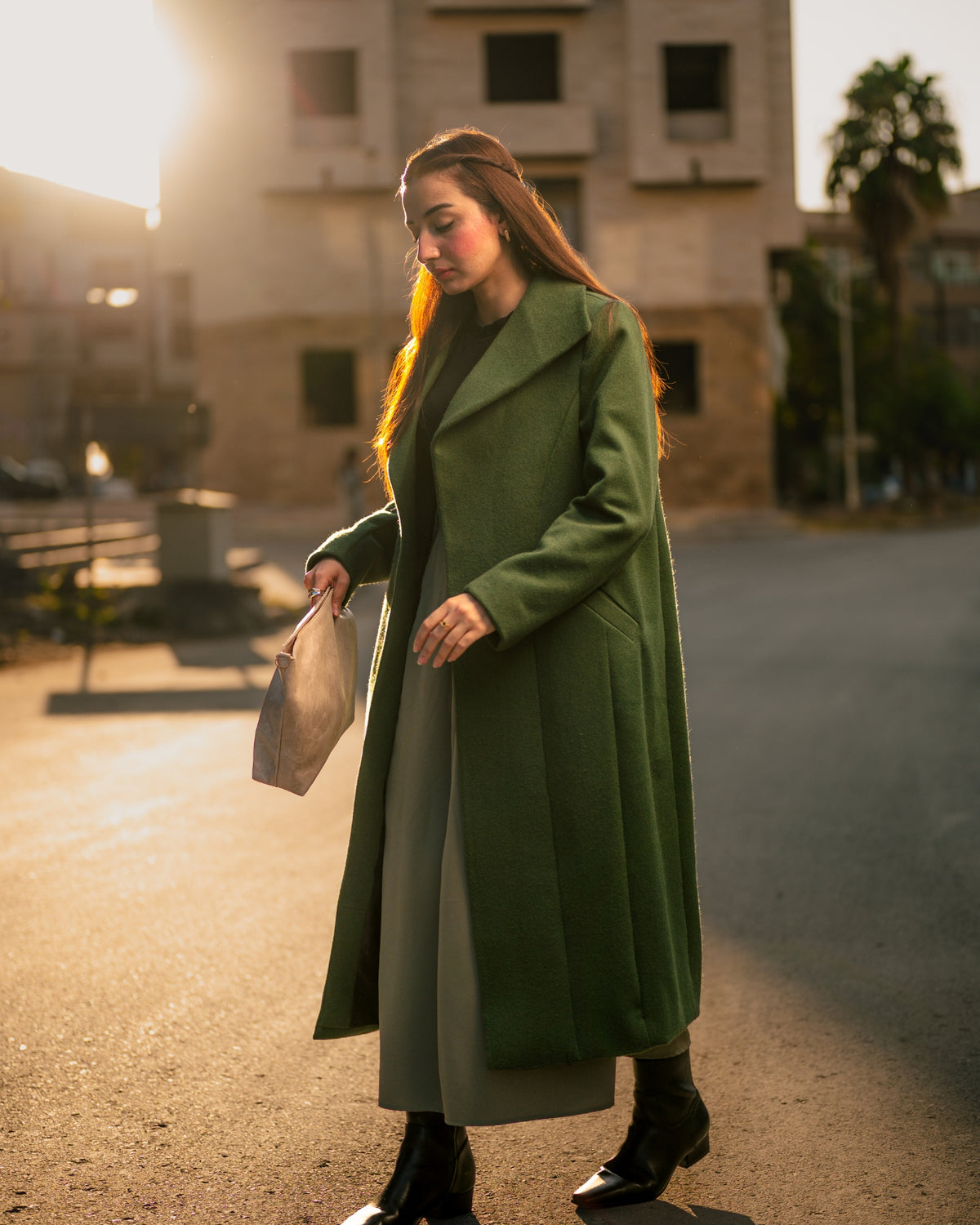Ivy League forest green long coat by Rohma Khann Designs — product view 4