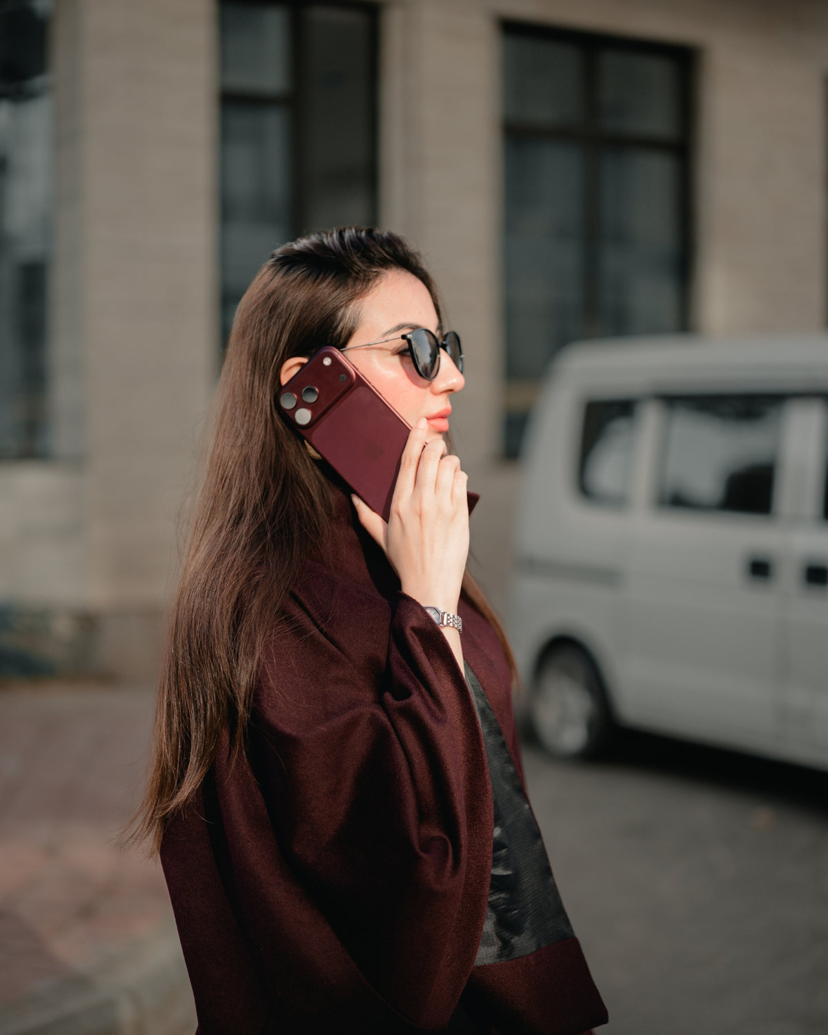 Royal Dusk burgundy cape coat by Rohma Khann Designs — product view 6